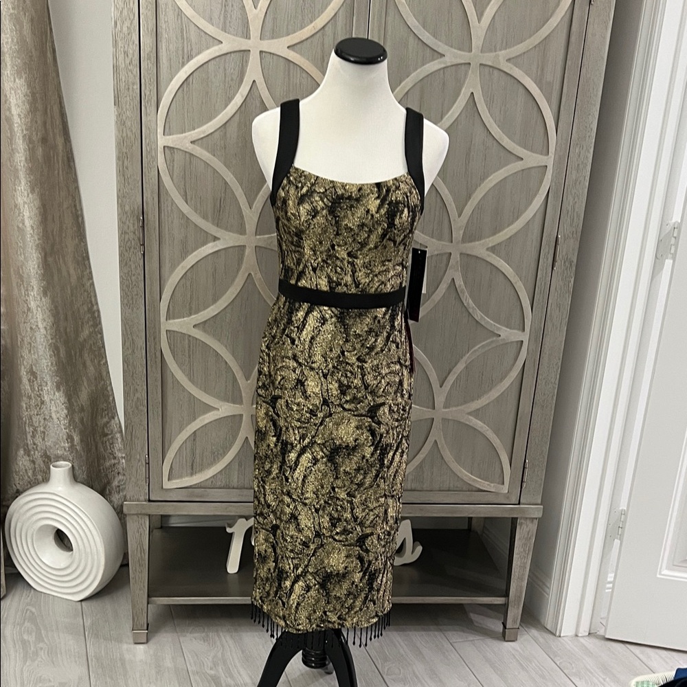 Aidan by Aidan Mattox Gold and Black Textured Midi Dress